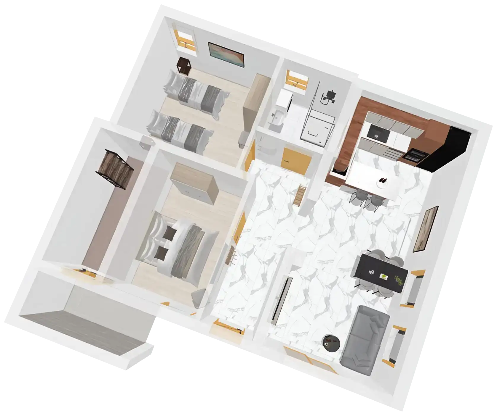 3D půdorys Schwarm Haus Apartment se dvěma ložnicemi, otevřenou kuchyní a obývacím pokojem, koupelnou a vstupem