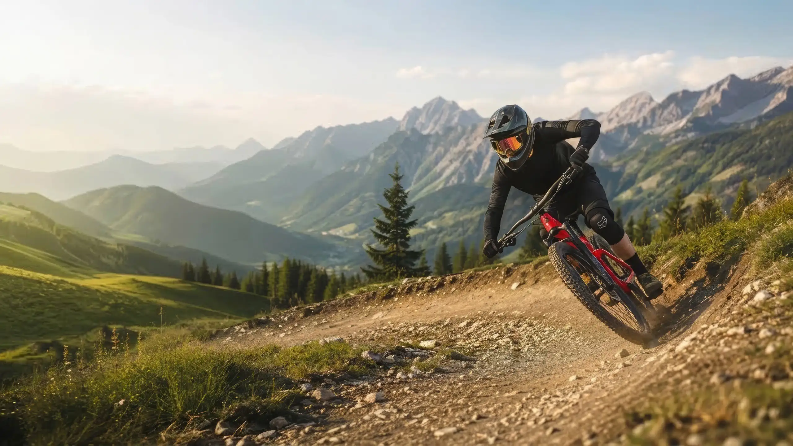 Mountain biker riding downhill on an alpine trail in the Leogang bike park