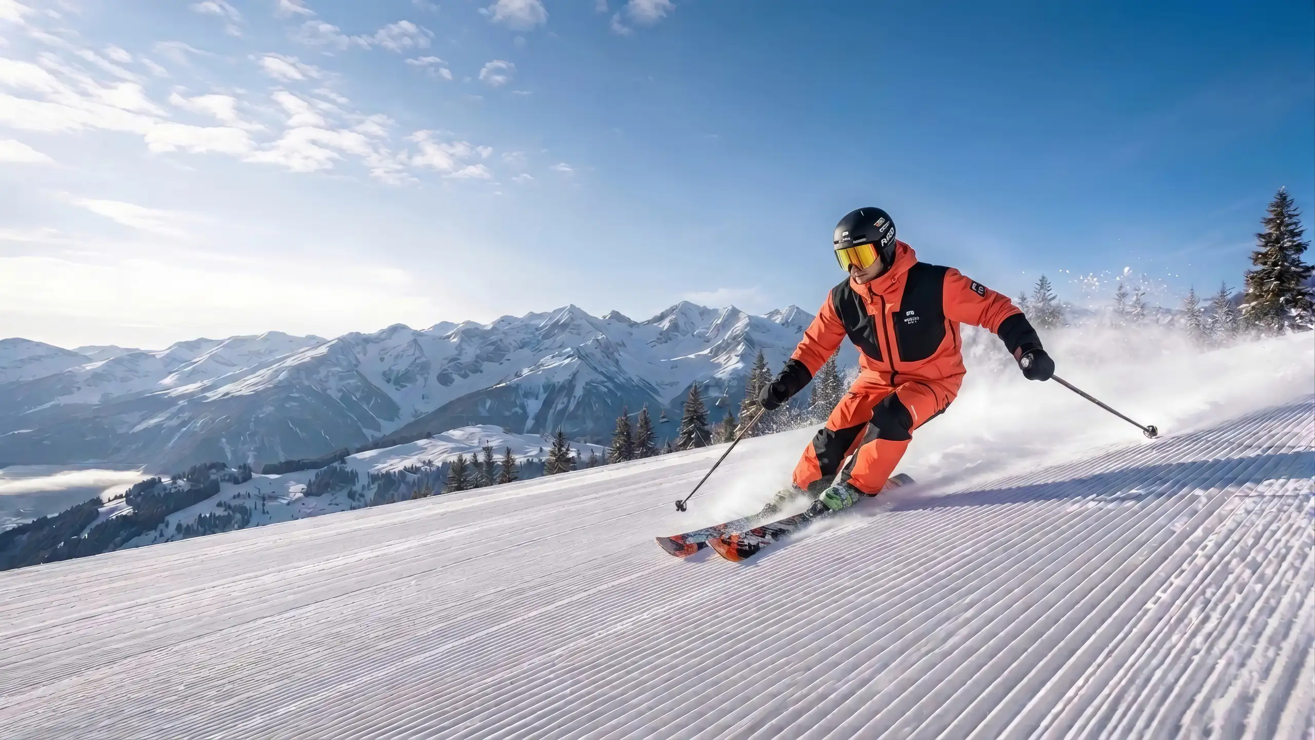 Skier carving on a freshly groomed alpine ski slope at Ski Circus Saalbach - Hinterglemm region