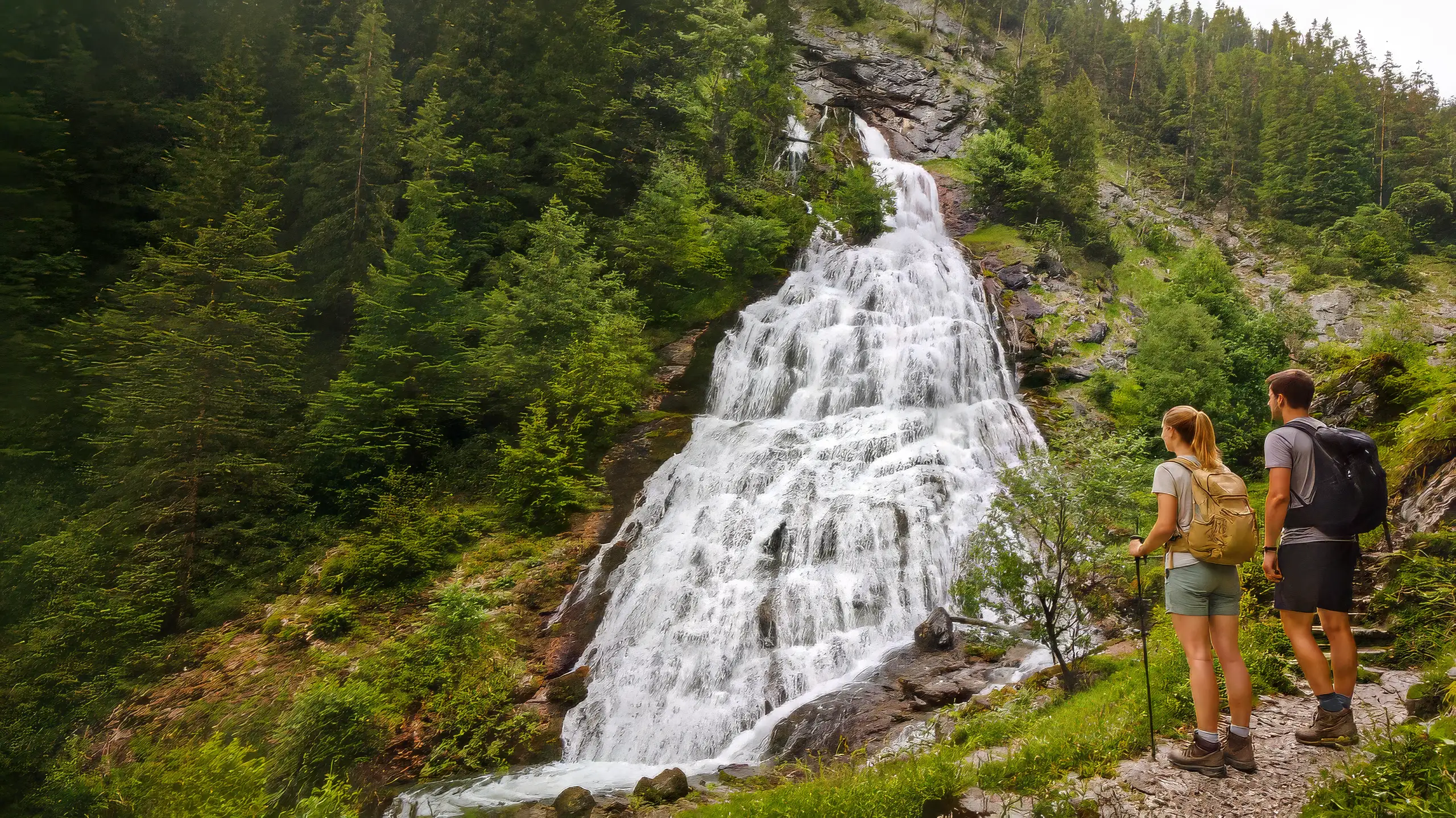 Hikers enjoying a waterfall trail near Saalfelden